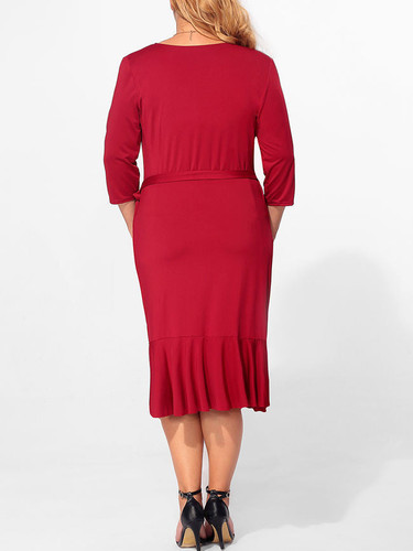 Casual V Neck Flounce Bowknot Plain Plus Size Bodycon Dress Casual V Neck Flounce Bowknot Plain Plus Size Bodycon Dress