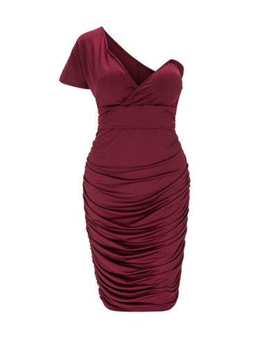 Casual Pleated One Shoulder Plain Plus Size Bodycon Dress
