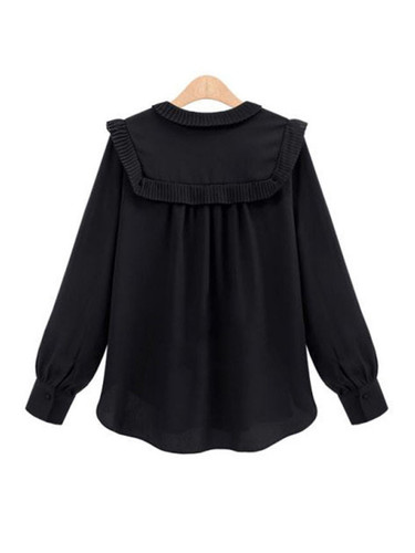 Casual Doll Collar Plain Plus Size Blouse With Ruffle Trim Detail