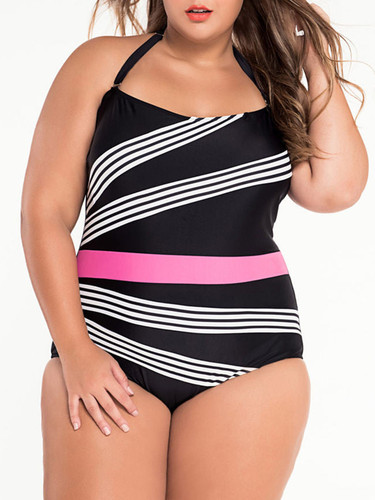 Casual Halter Asymmetric Stripe Color Block Plus Size One Piece