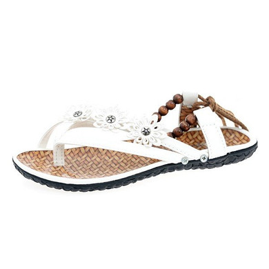 Casual Bohemia Bead Flower Strappy Casual Clip Toe Lace Up Flat Sandals