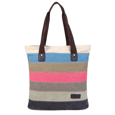Casual Women Canvas Hit Color Patchwork Handbag Casual Shoulder Bag
