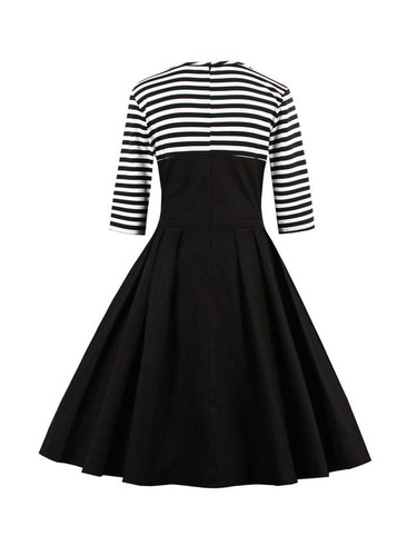 Casual Color Block Striped Round Neck Plus Size Flared Dress