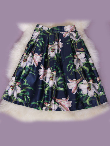 Casual Inverted Pleat Floral Printed Elegant Flared Midi Skirt