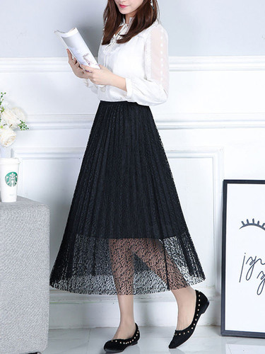 Casual Elastic Waist Hollow Out Pleated Midi Skirt