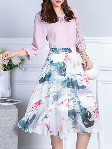 Casual Elastic Waist Hollow Out Printed Flared Midi Skirt