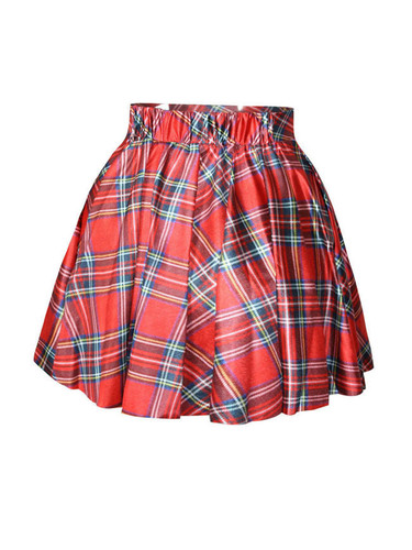 Casual Elastic Waist Classic Plaid Pretty Flared Mini Skirt