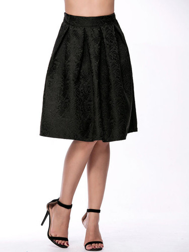 Casual Inverted Pleat Embossed Flared Midi Skirt