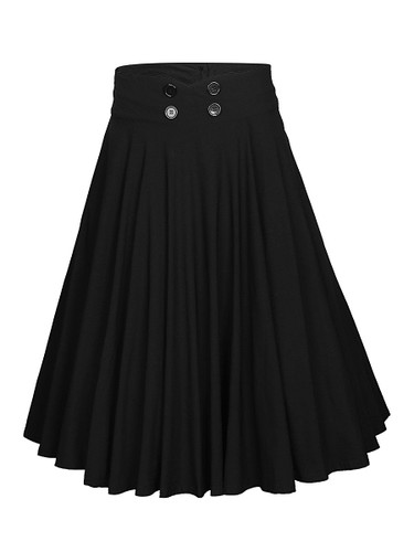 Casual Decorative Button Solid Flared Midi Skirt In Black