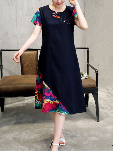 Casual Multi-Color Printed Short Sleeve Round Neck Pocket Shift Dress