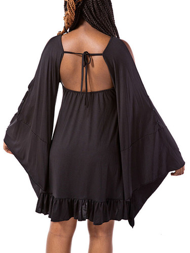 Casual Special Designed Open Shoulder Ruffled Hem Plain Bell Sleeve Shift Dress