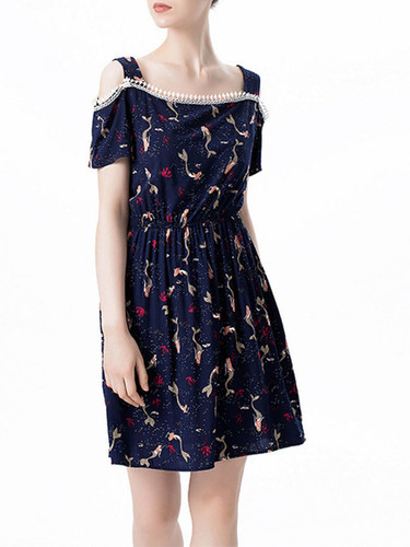 Casual Open Shoulder Elastic Waist Cartoon Printed Skater Dress