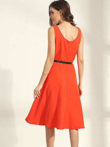 Casual Boat Neck Belt Plain Skater Dress
