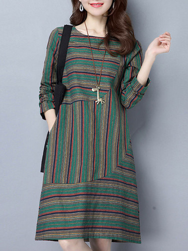 Casual Round Neck Pocket Skater Dress In Asymmetric Stripe