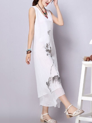 Casual Round Neck Printed Double Layer Maxi Dress
