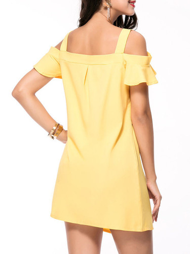 Casual Flounce Open Shoulder Solid Shift Dress