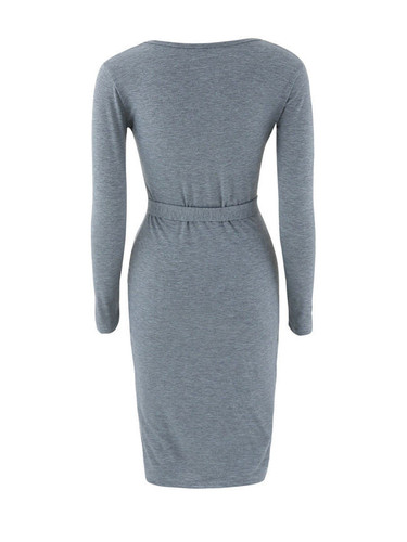 Casual Split Neck Snap Front Removable Tie Plain Bodycon Dress