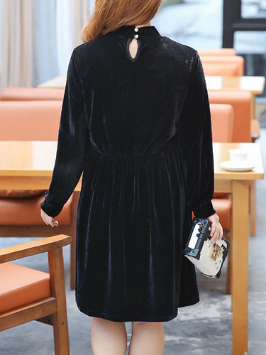 Casual Band Collar Embroidery Velvet Plus Size Flared Dress