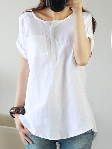 Casual Round Neck  Patch Pocket  Plain Blouse