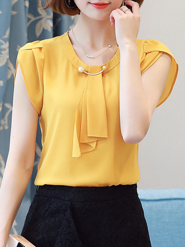 Casual Round Neck Beading Plain Petal Sleeve Blouse