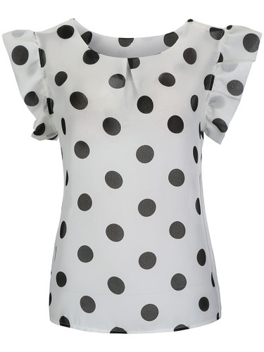 Casual Ruffle Trim Polka Dot Round Neck Blouse Casual Ruffle Trim Polka Dot Round Neck Blouse