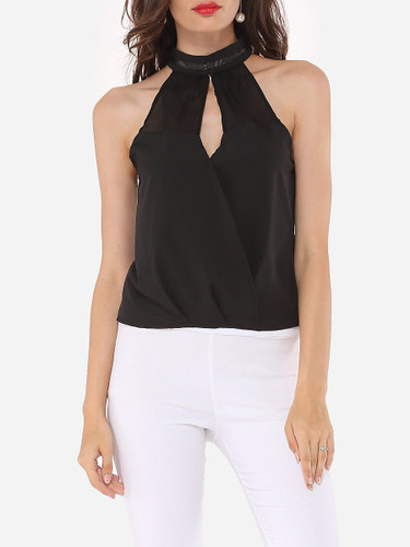 Casual Hollow Out Patchwork Plain Designed Band Collar Blouse