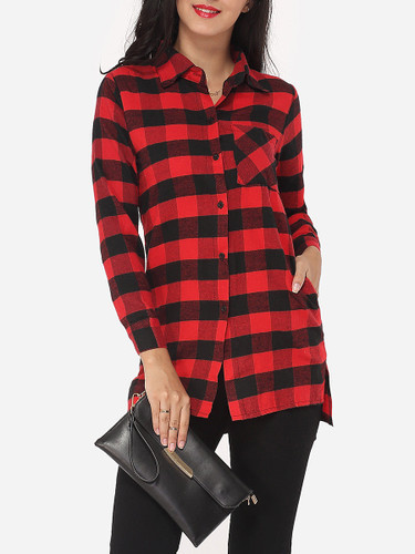 Casual Plaid Loose Fitting Exquisite Button Down Collar Blouse