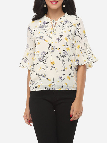 Casual Floral Printed Loose Fitting Mandarin Sleeve Captivating Blouse Casual Floral Printed Loose Fitting Mandarin Sleeve Captivating Blouse