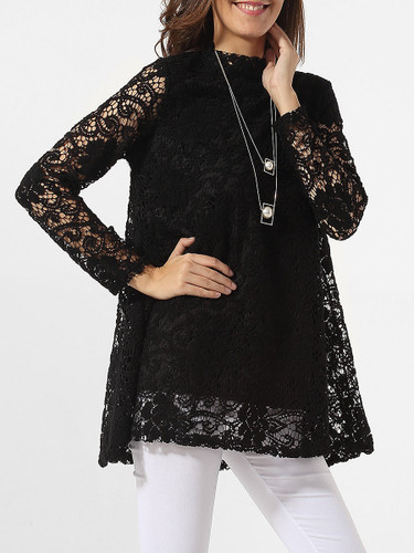 Casual Crew Neck Hollow Out Plain Blouse