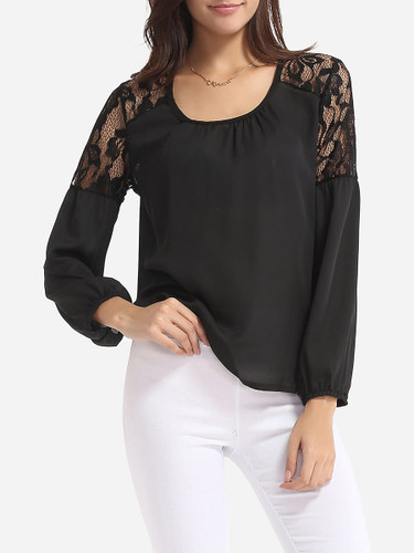 Casual Scoop Neck Dacron Lace Patchwork Plain Blouse
