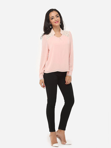Casual Lace Plain Loose Fitting Glamorous Band Collar Blouse