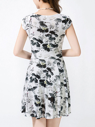 Casual Cowl Neck Ink Painting Print Skater Dress