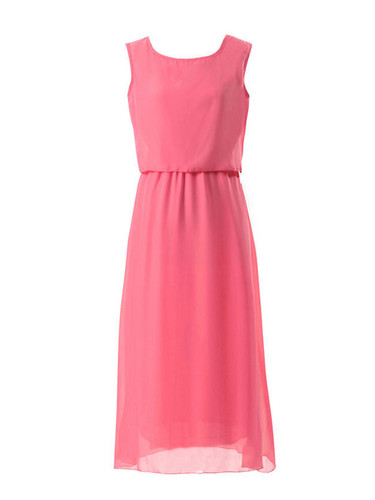 Casual Round Neck Plain Chiffon Maxi Dress