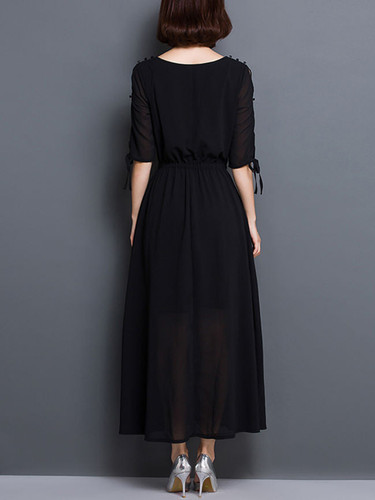 Casual Round Neck Keyhole Plain Chiffon Maxi Dress With Tie Sleeve
