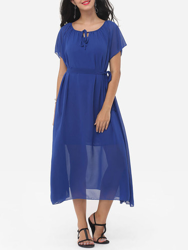 Casual Plain Bowknot Short Sleeve Elegant Round Neck Maxi Dress