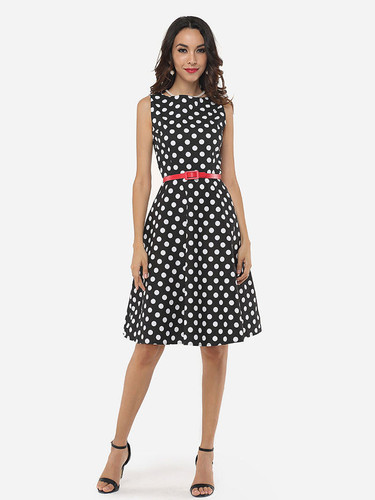 Casual Polka Dot Delightful Round Neck Skater-dress
