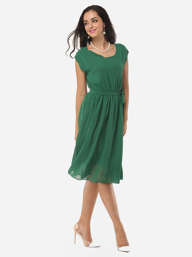 Casual Plain Bowknot Chic Round Neck Skater-dress