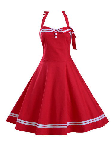 Casual Vintage Halter Bowknot Striped Skater Dress