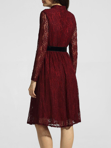 Casual Band Collar Hollow Out Plain Belt Skater Dress