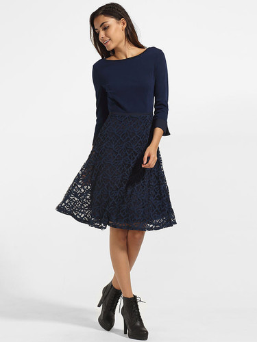 Casual Boat Neck Cotton Hollow Out Plain Skater Dress