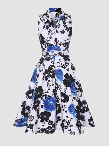 Casual Shawl Collar Floral Printed Skater Dress