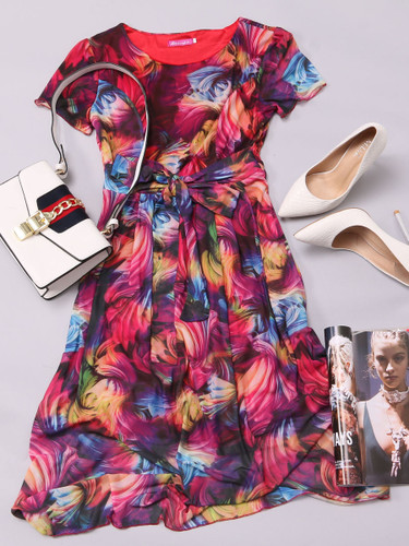 Casual Bowknot Round Neck Gauze Printed Skater Dress