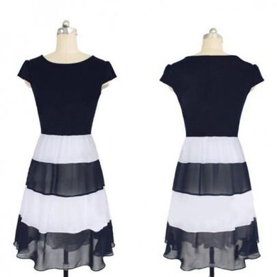 Black Striped Ruffle Round Neck Fashion Midi Dress