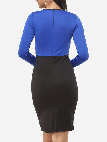 Casual Blue Back Slit Color Block Awesome Round Neck Bodycon Dress Casual Blue Back Slit Color Block Awesome Round Neck Bodycon Dress