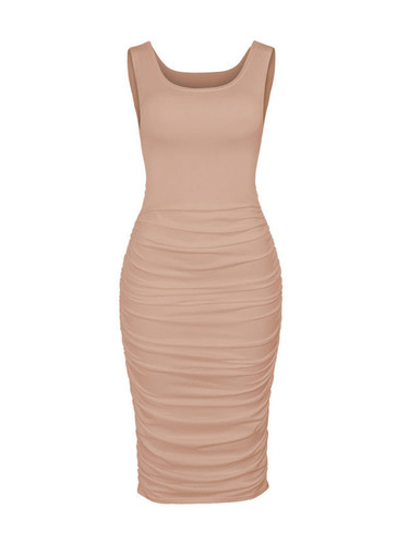 Casual Round Neck Plain Pleated Concise Bodycon Dress