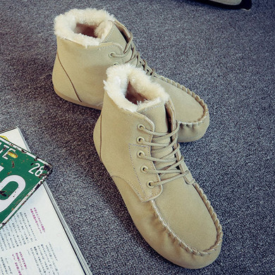 Casual Suede Ankle Pure Color Fur Lining Lace Up Flat Boots For Women