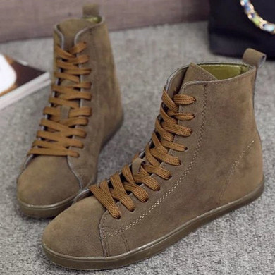 Casual Pure Color Suede Heel Increasing Flat Lace Up Ankle Boots For Women