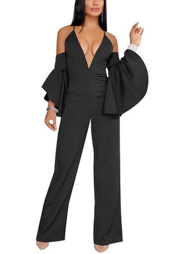 Black Ruffle Spaghetti Strap Backless Flare Sleeve High Waisted Wide Leg Long Jumpsuit