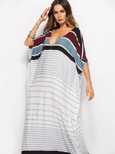 Loose V-neck Striped Maxi Dresses Loose V-neck Striped Maxi Dresses