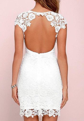 Casual White Patchwork Hollow-out Lace Zipper Backless Round Neck Mini Dress